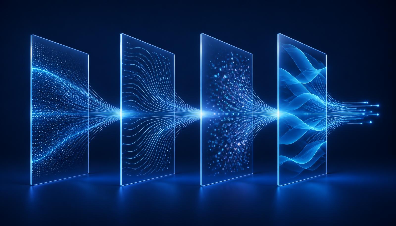 Abstract visual of four layered search surfaces converging, representing AEO, GEO, AIO, and SXO