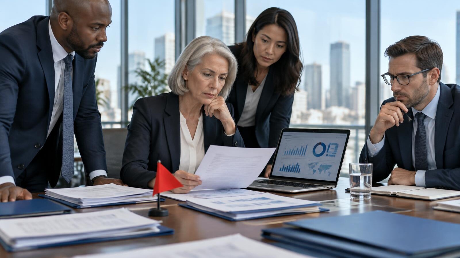 Business leaders evaluating marketing agency proposals with a red warning flag on the review table