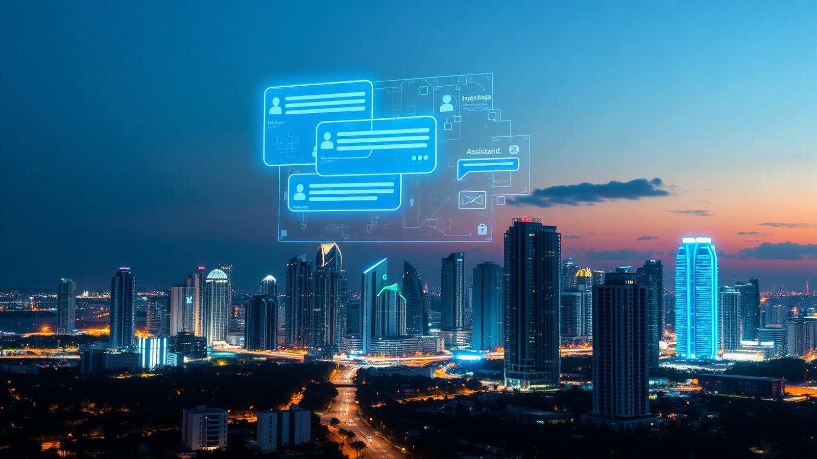 Miami skyline at dusk with a glowing AI assistant chat interface overlay above the city
