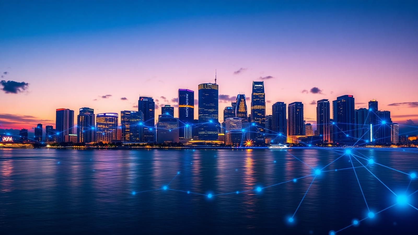 South Florida business district skyline with an AI assistant answer interface overlaid