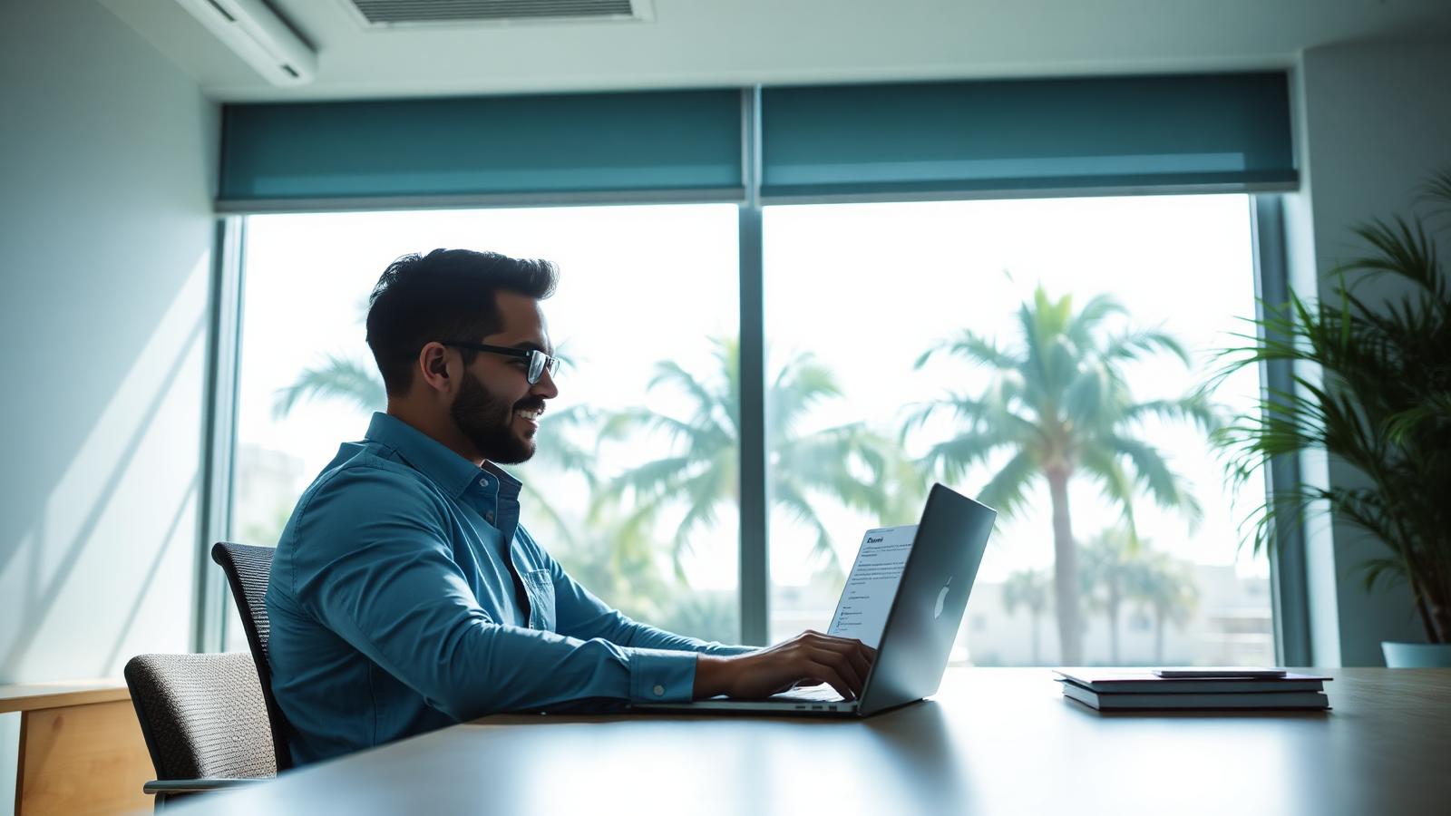 South Florida business owner reviewing an AI assistant answer on a laptop in a sunlit Miami office