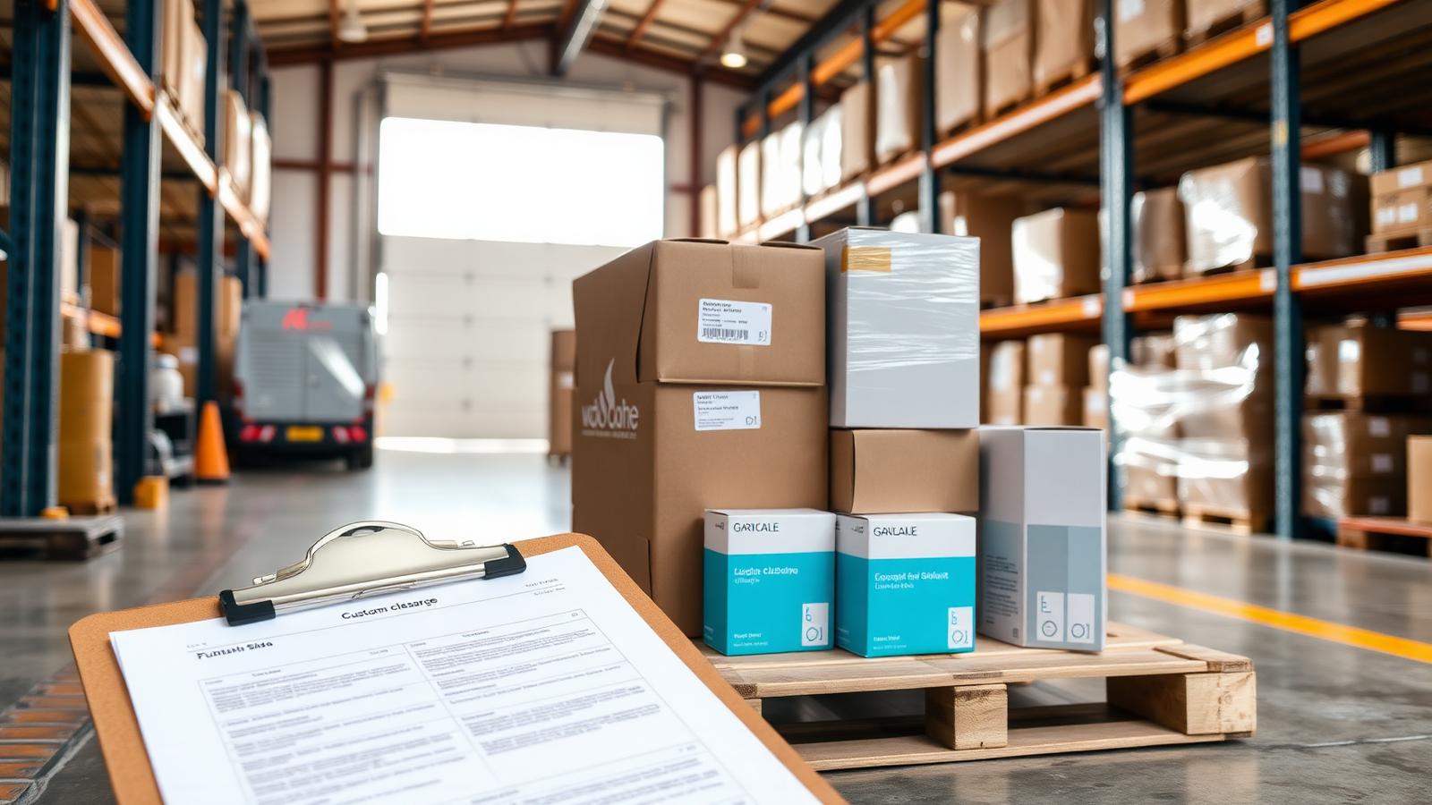 Skincare product cartons on a pallet inside a US fulfillment warehouse with customs clearance documents on a clipboard