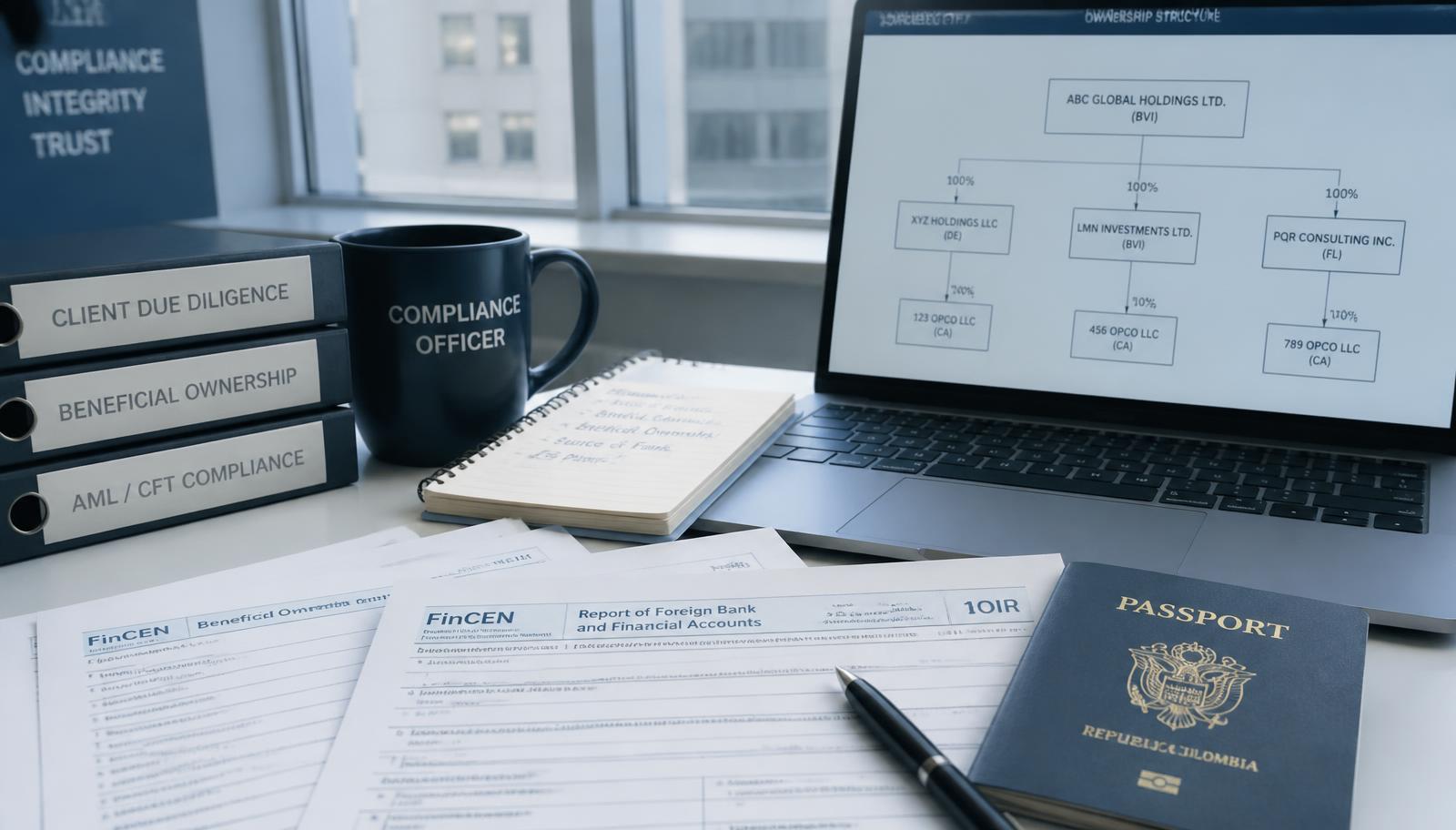Compliance desk with FinCEN beneficial ownership filing forms, a foreign passport and an ownership structure chart on screen
