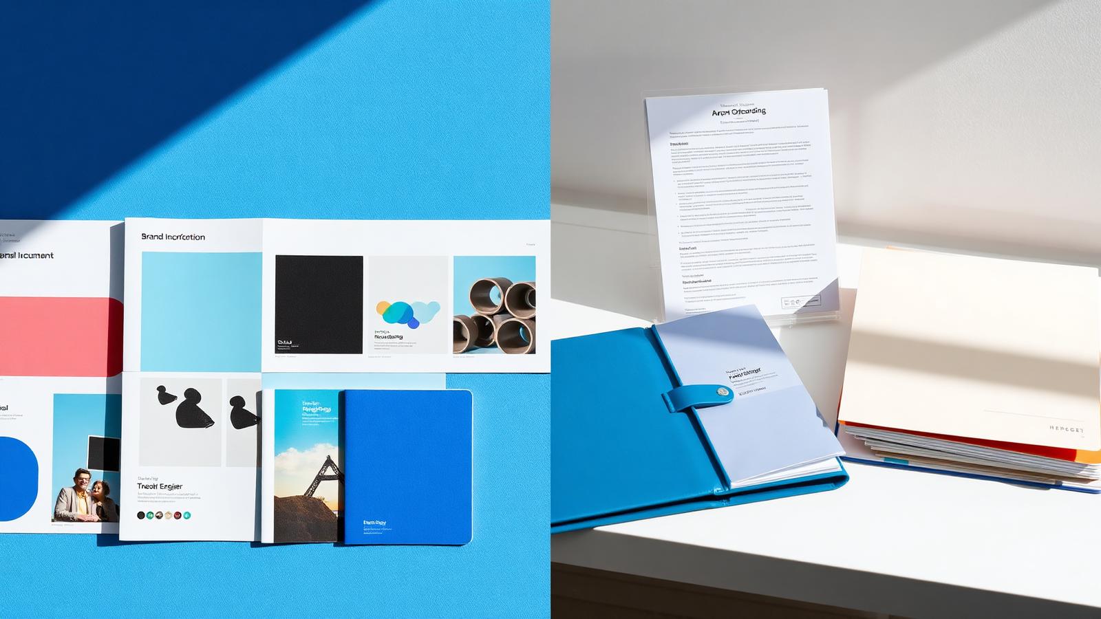 Split desk composition contrasting brand mood boards on one side with incorporation documents, payroll ledgers and bank onboarding files on the other