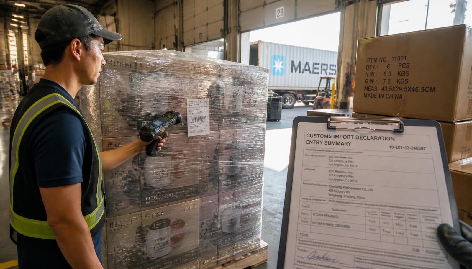 Warehouse associate scanning palletized imported consumer goods beside a customs import declaration at a US 3PL loading dock
