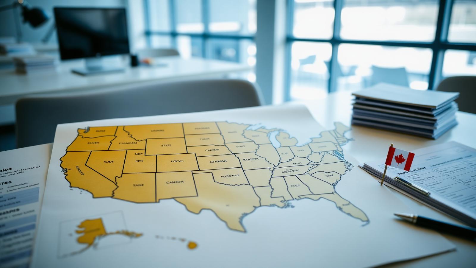 US state map with registration filings, sales tax nexus worksheets and a small Canadian flag on a modern office desk