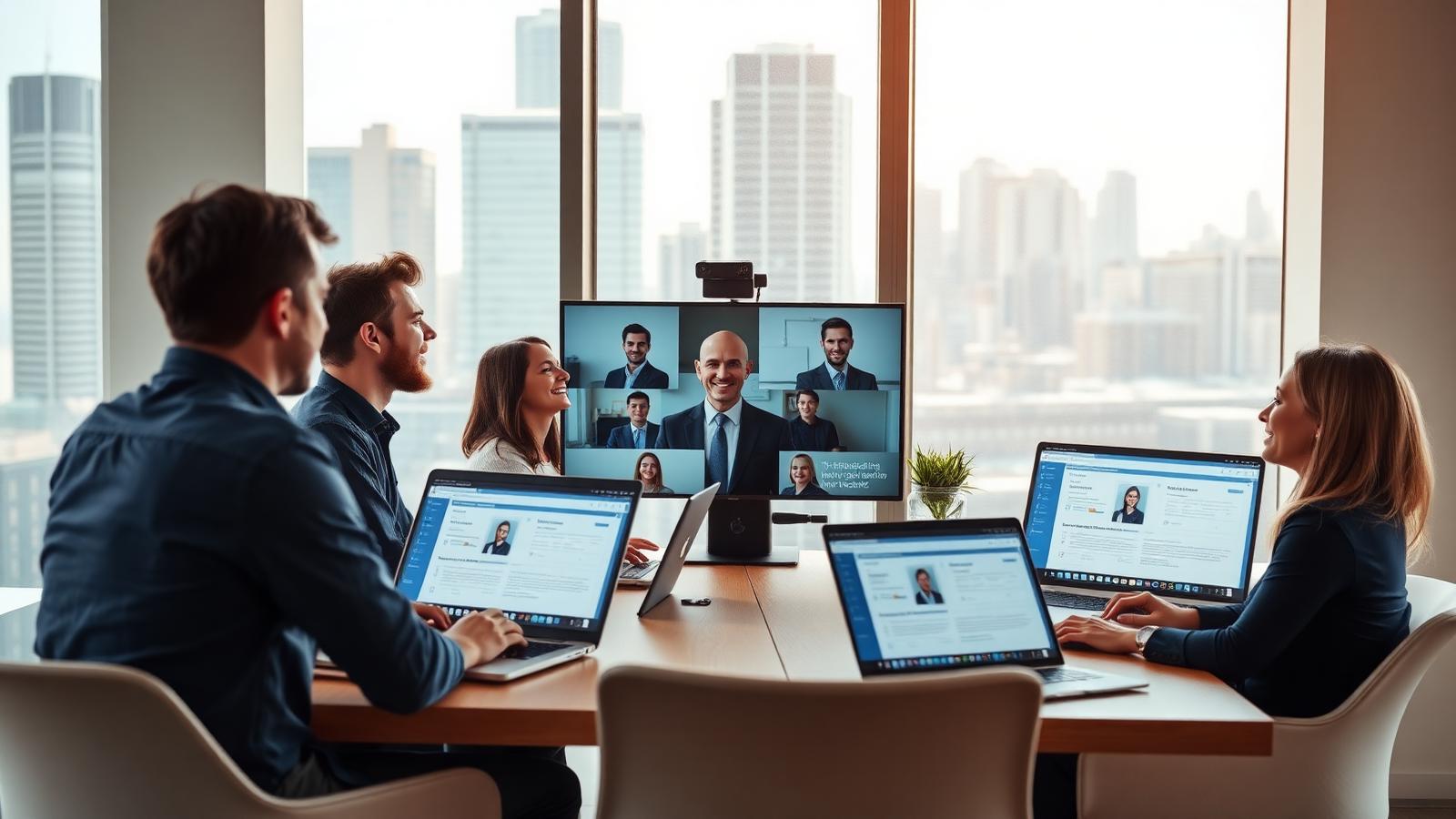 Canadian SaaS team in a Toronto office on a video call onboarding newly hired US-based colleagues