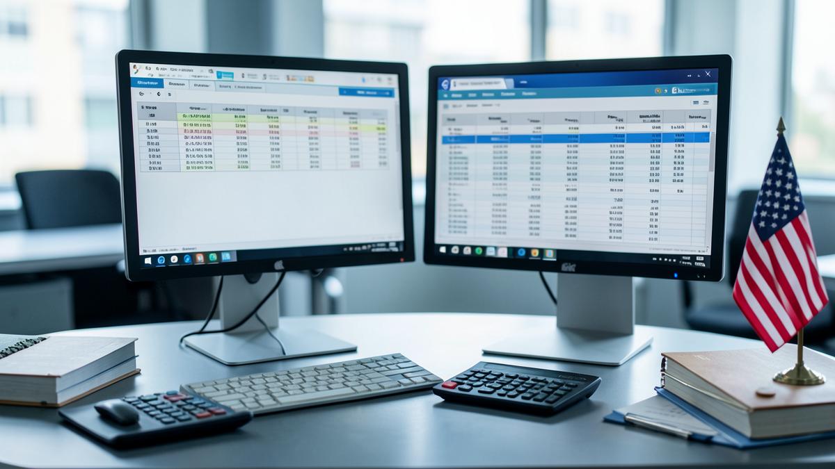 Accounting workstation showing multi-currency consolidation schedules for a US subsidiary