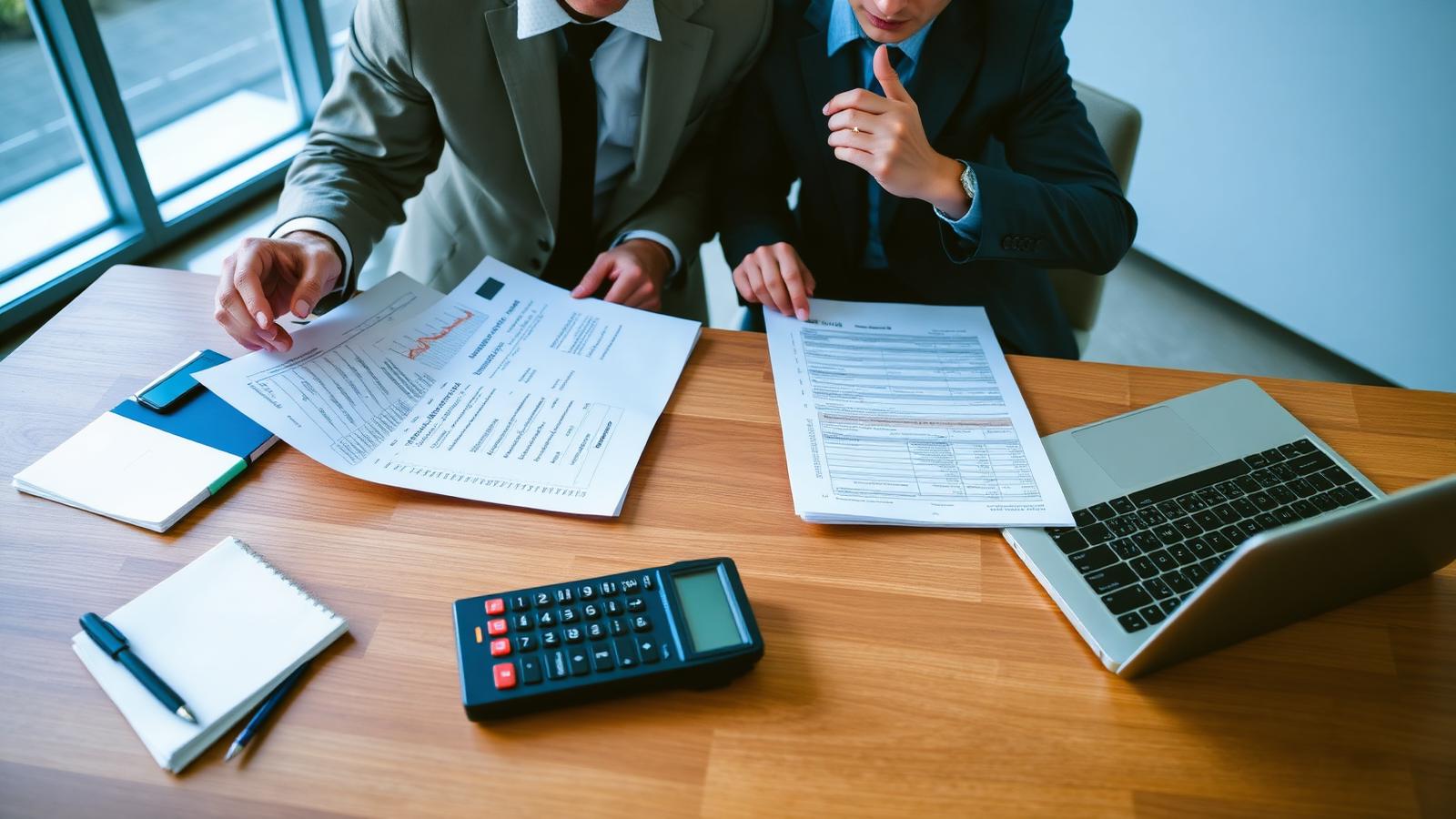 Two finance professionals comparing international financial statements against a US tax filing form with a calculator and laptop