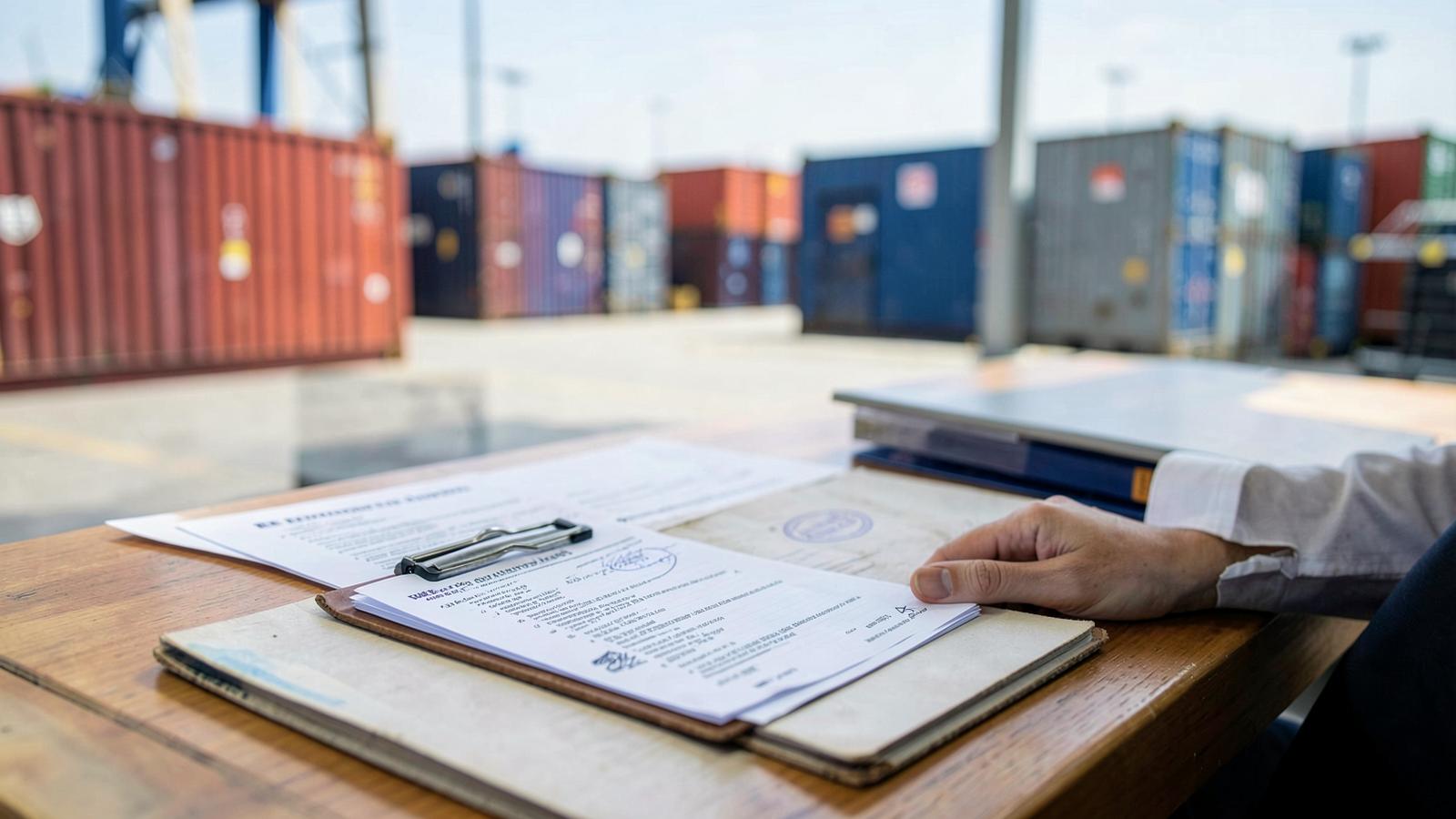 Customs clearance paperwork on a clipboard at a US container port