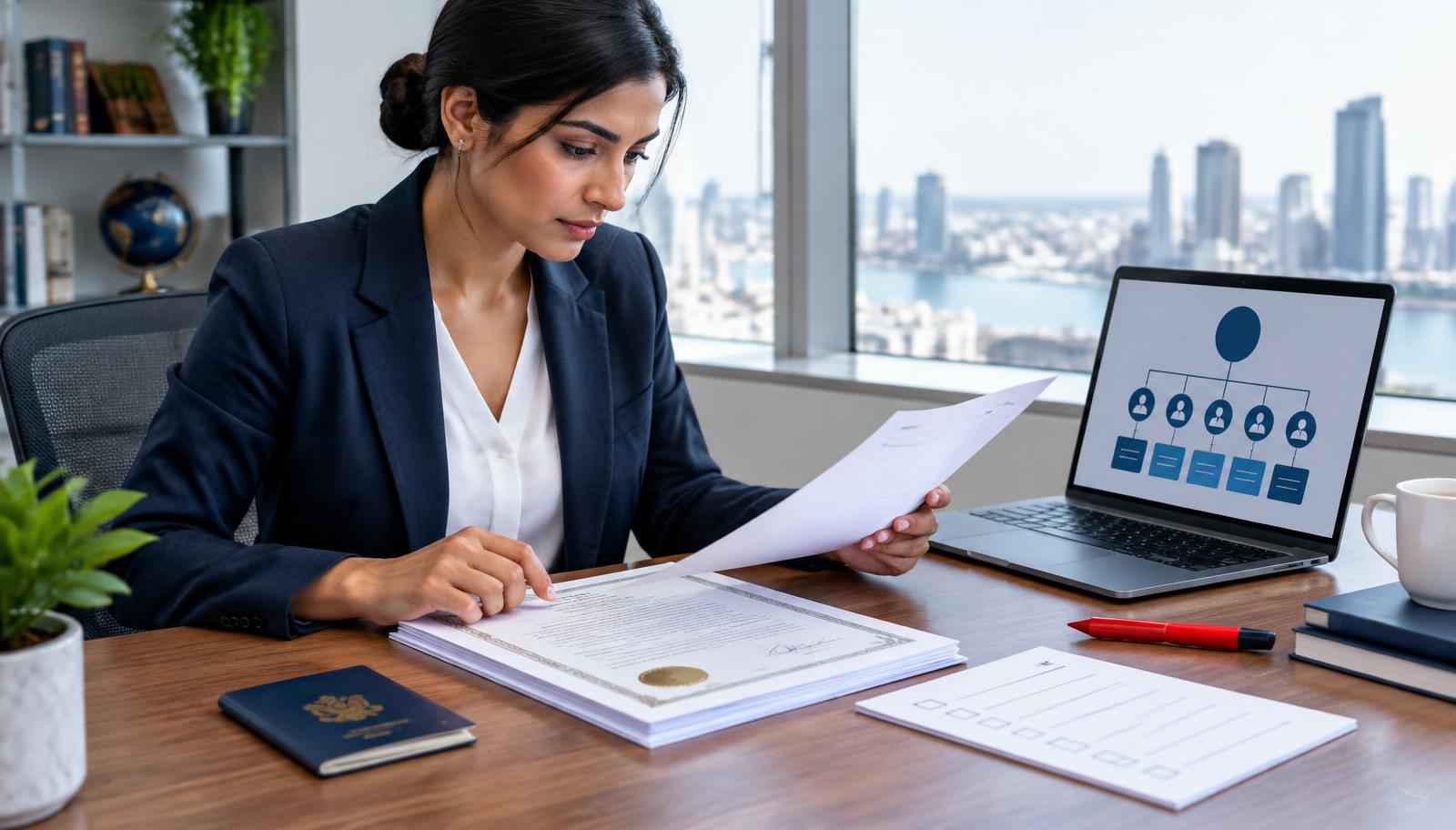 Foreign founder reviewing Delaware LLC formation documents, an ownership chart, and an operating checklist