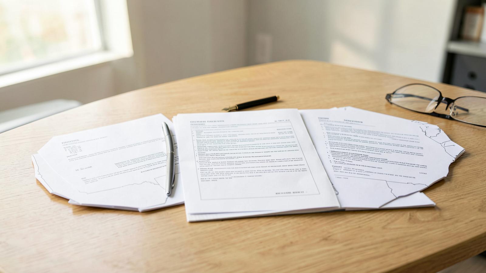 Three sets of blank corporate formation documents fanned across a light oak desk beside a pen and reading glasses