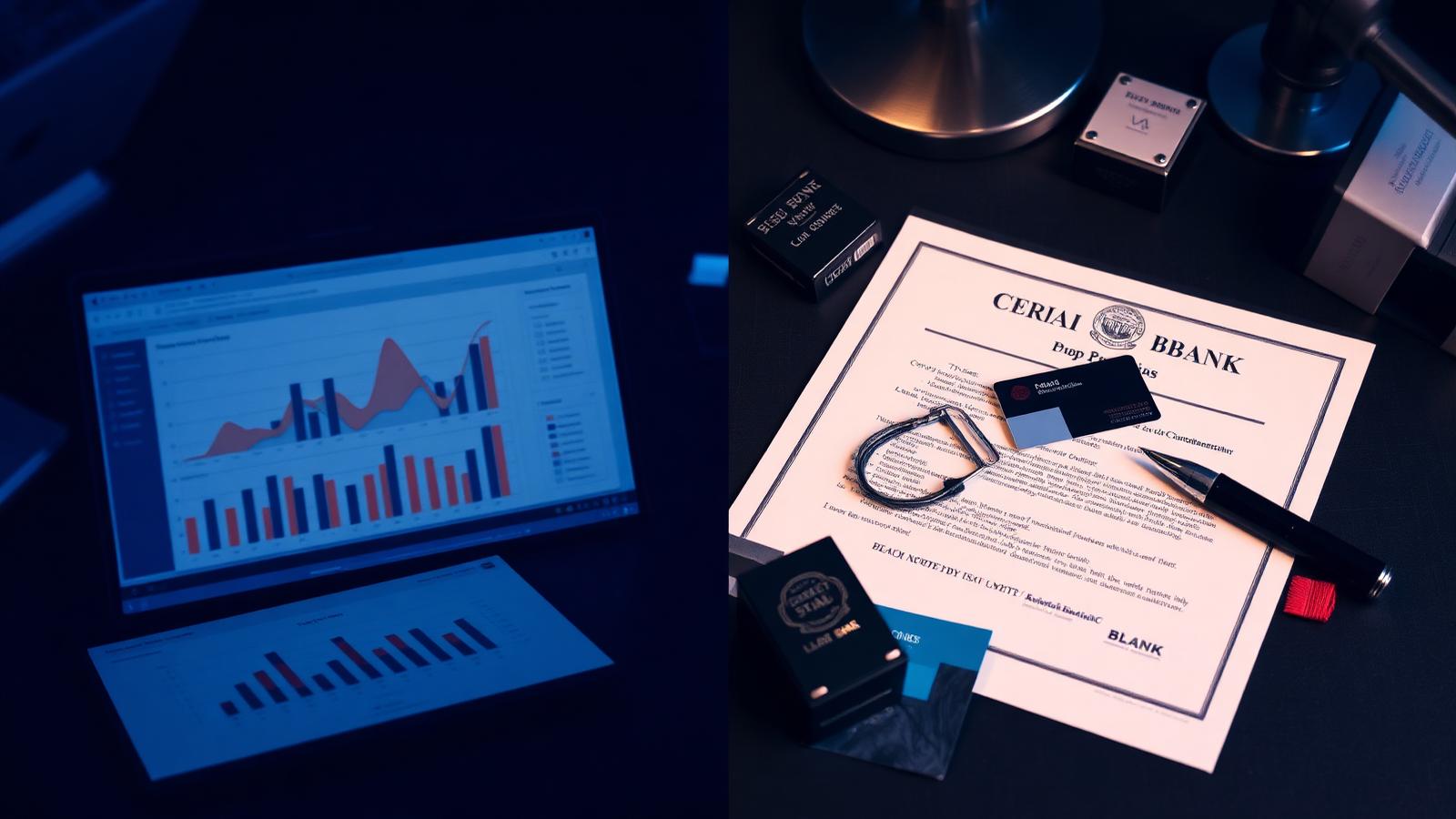 Split view of a marketing analytics dashboard beside US incorporation documents and a business bank card