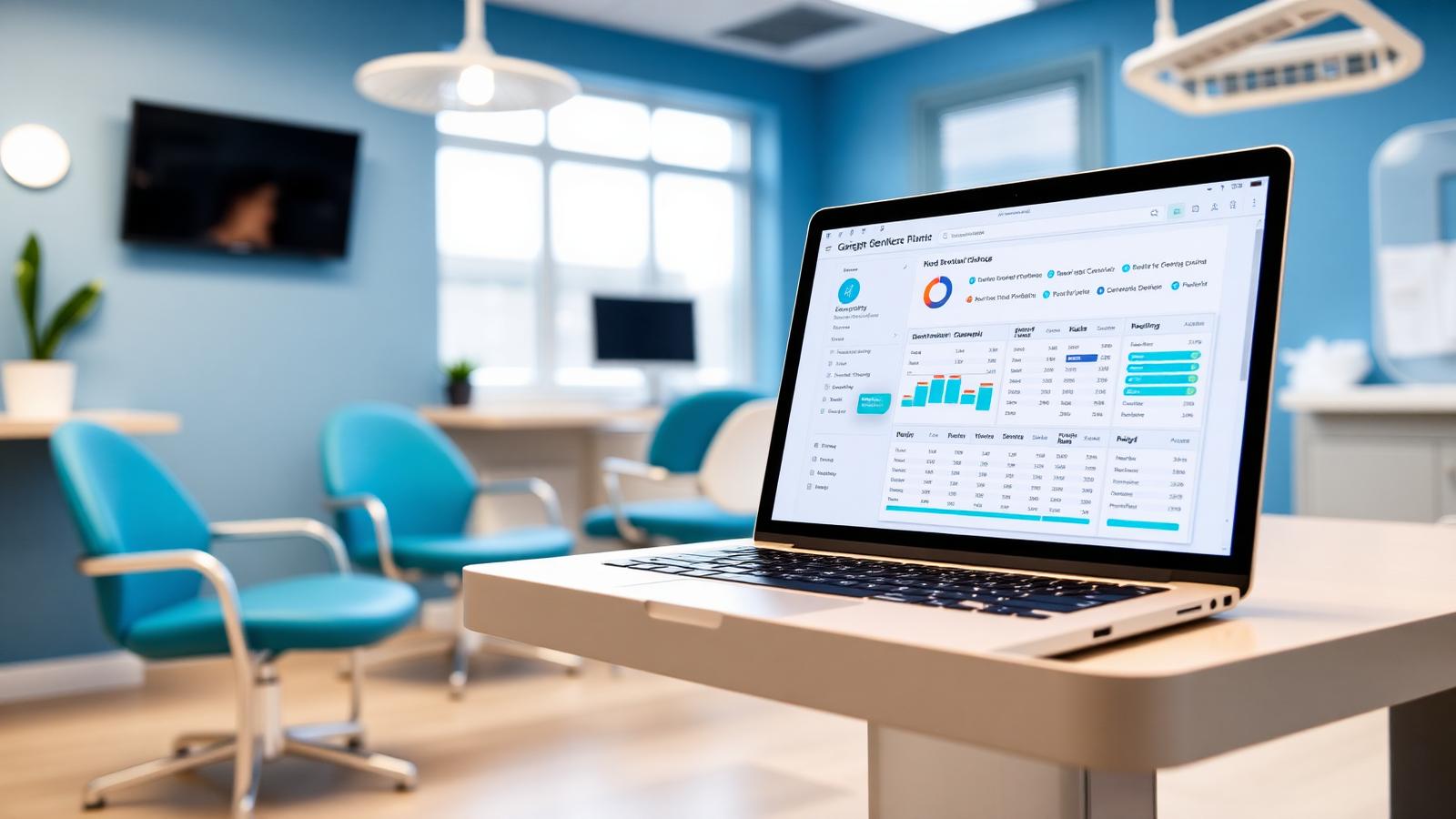 Modern dental clinic reception with a laptop displaying a new-patient marketing performance dashboard