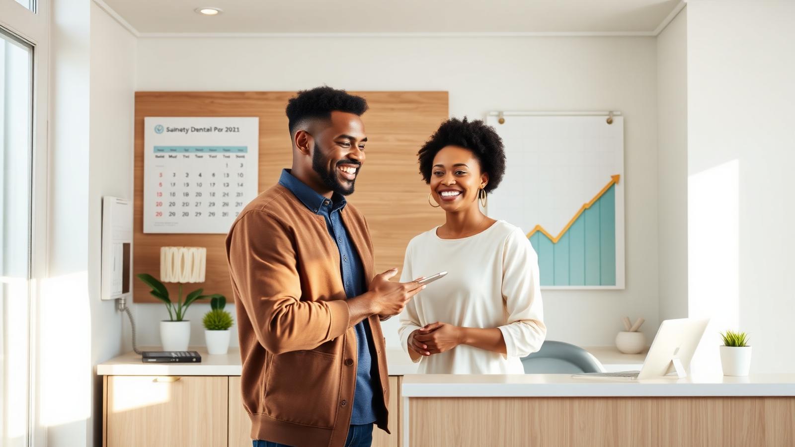 Bright dental practice reception with an upward-trending appointment chart as a patient checks in