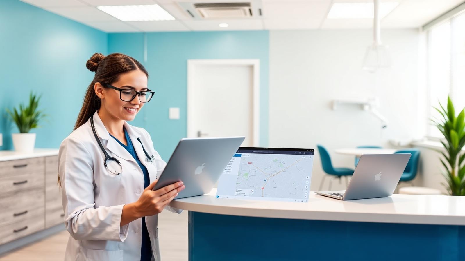 Dental practice manager reviewing local map search results on a tablet at a clinic reception desk