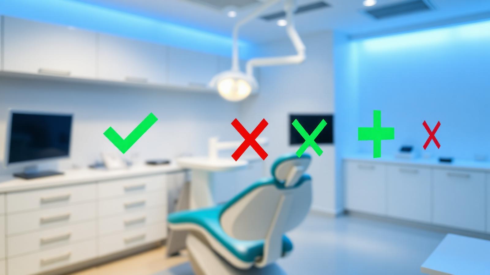 Modern dental practice with green check marks and red crosses symbolizing myths versus facts