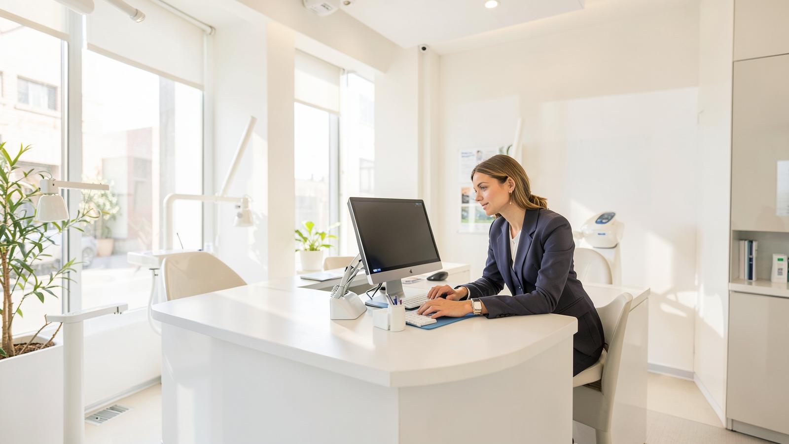 Practice manager working at the front desk of a bright modern dental clinic