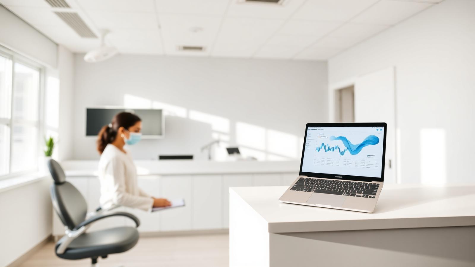 Bright dental practice reception desk with a laptop displaying a patient analytics dashboard