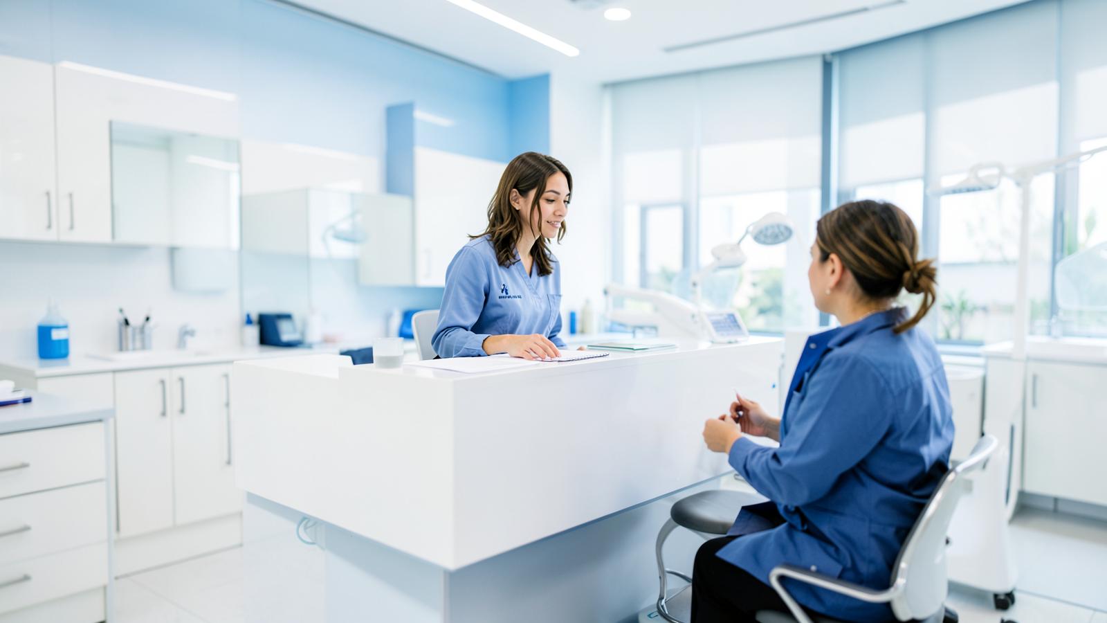 Dental practice reception desk with staff booking a patient appointment
