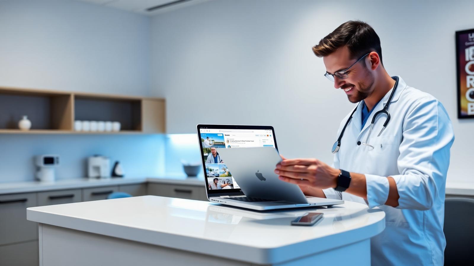 Dentist reviewing local search results for the practice on a laptop at a clinic front desk