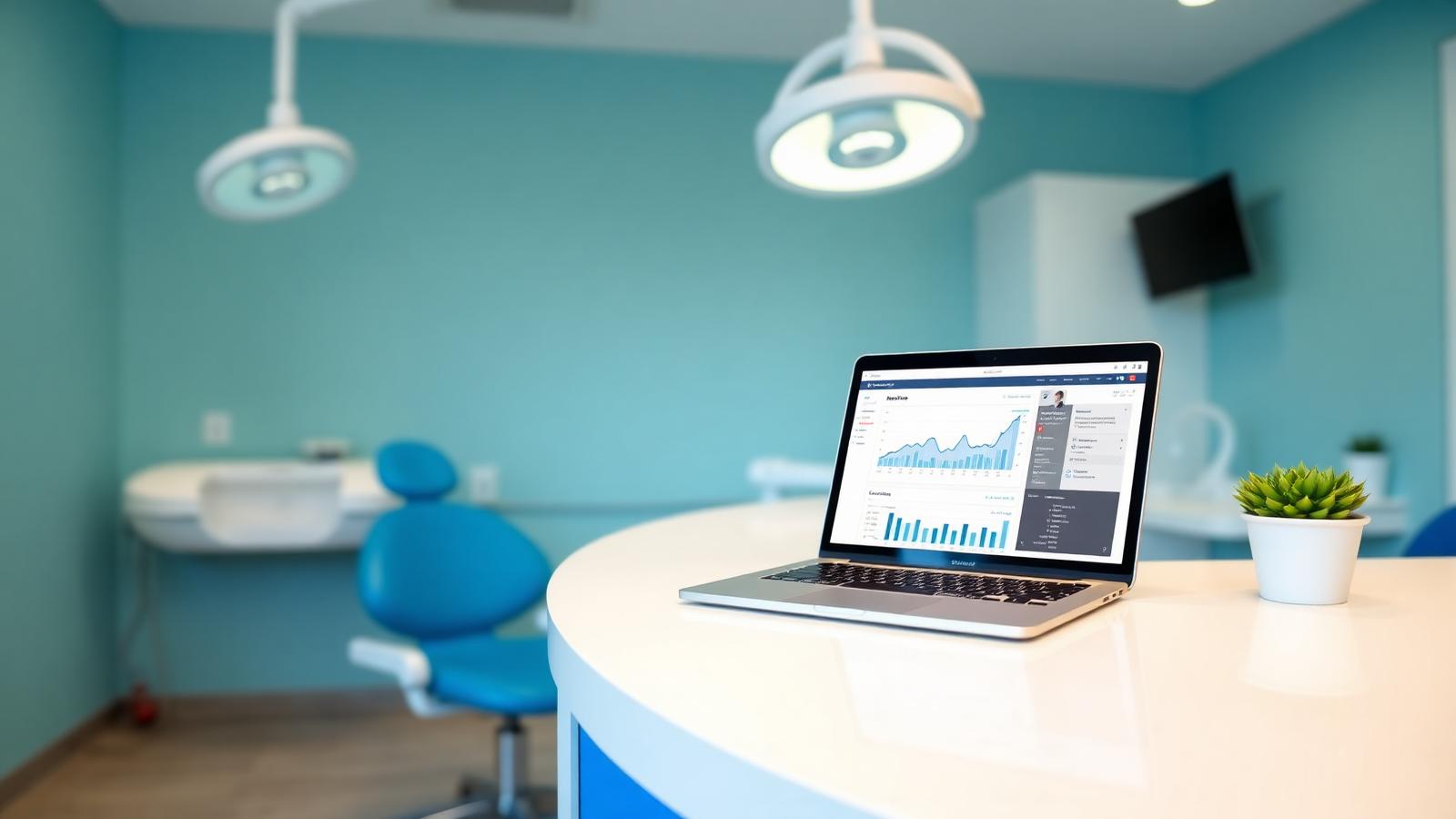 Modern dental practice front desk with a laptop showing a patient acquisition analytics dashboard
