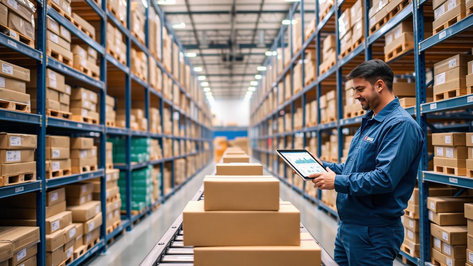 Ecommerce fulfillment warehouse aisle with parcels on a conveyor and an operator reviewing order dashboards