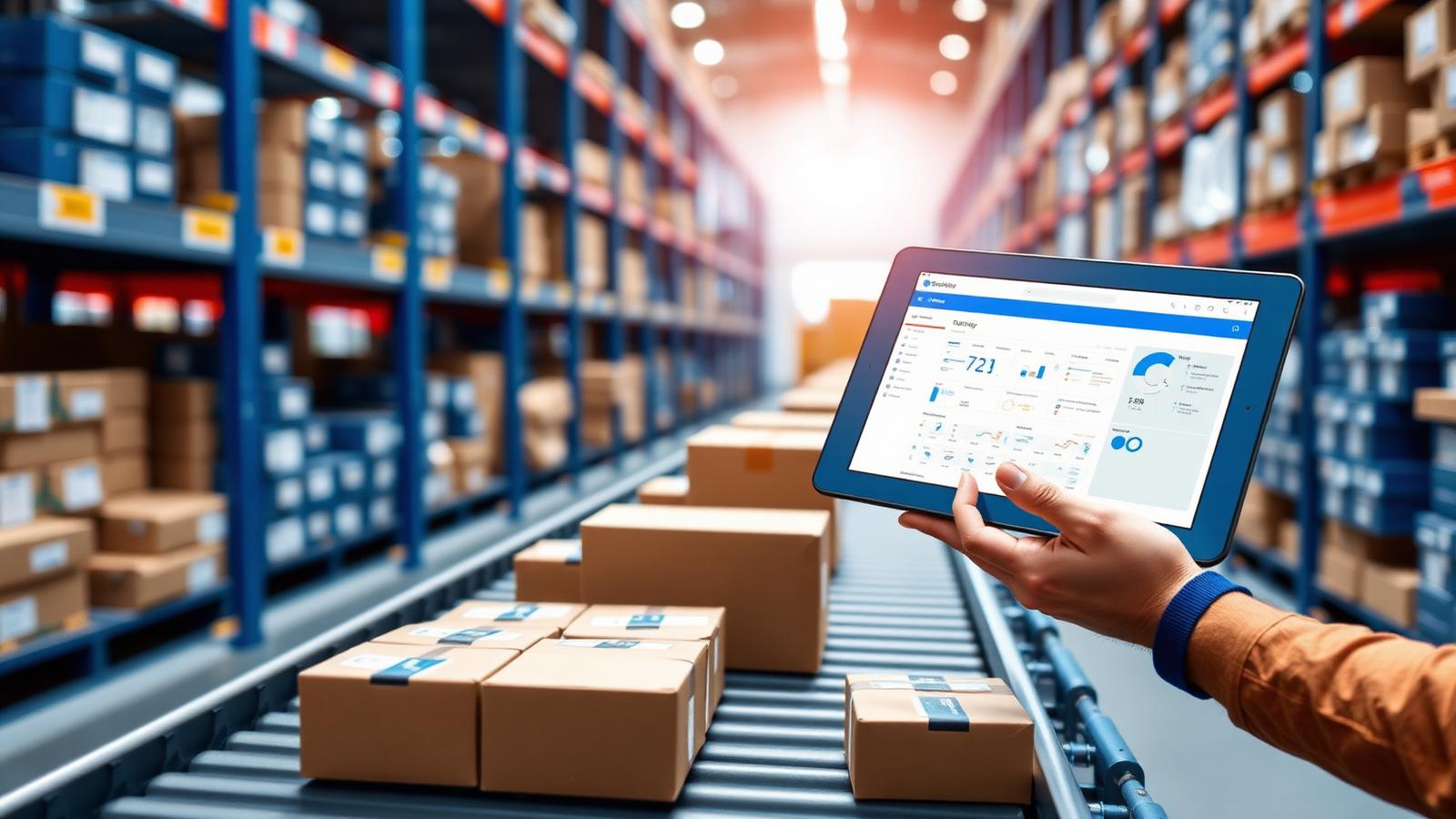 Ecommerce fulfillment conveyor with labeled parcels and a tablet showing an order management dashboard
