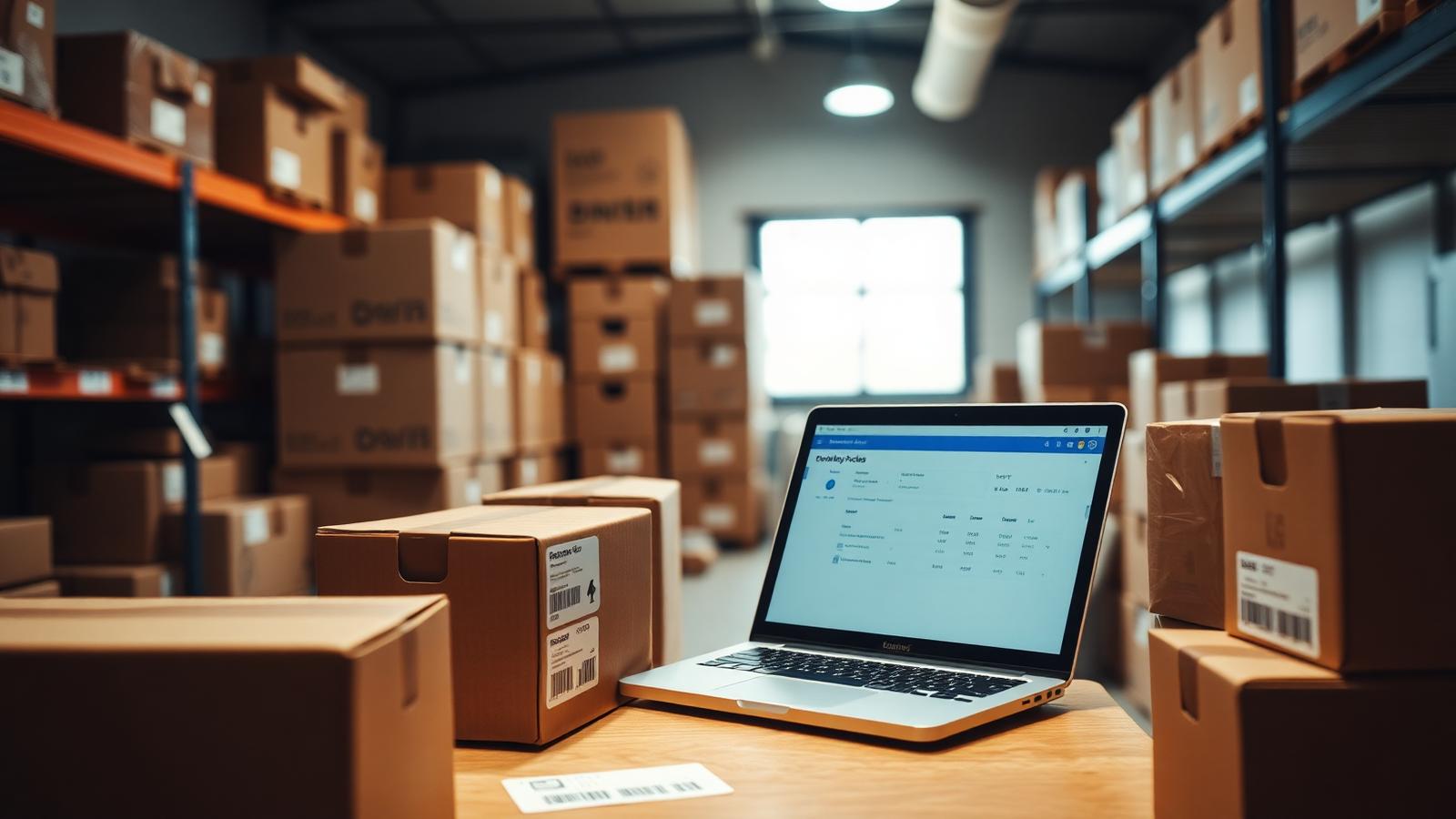 Small ecommerce brand packing station with shipping boxes and a laptop showing an order dashboard