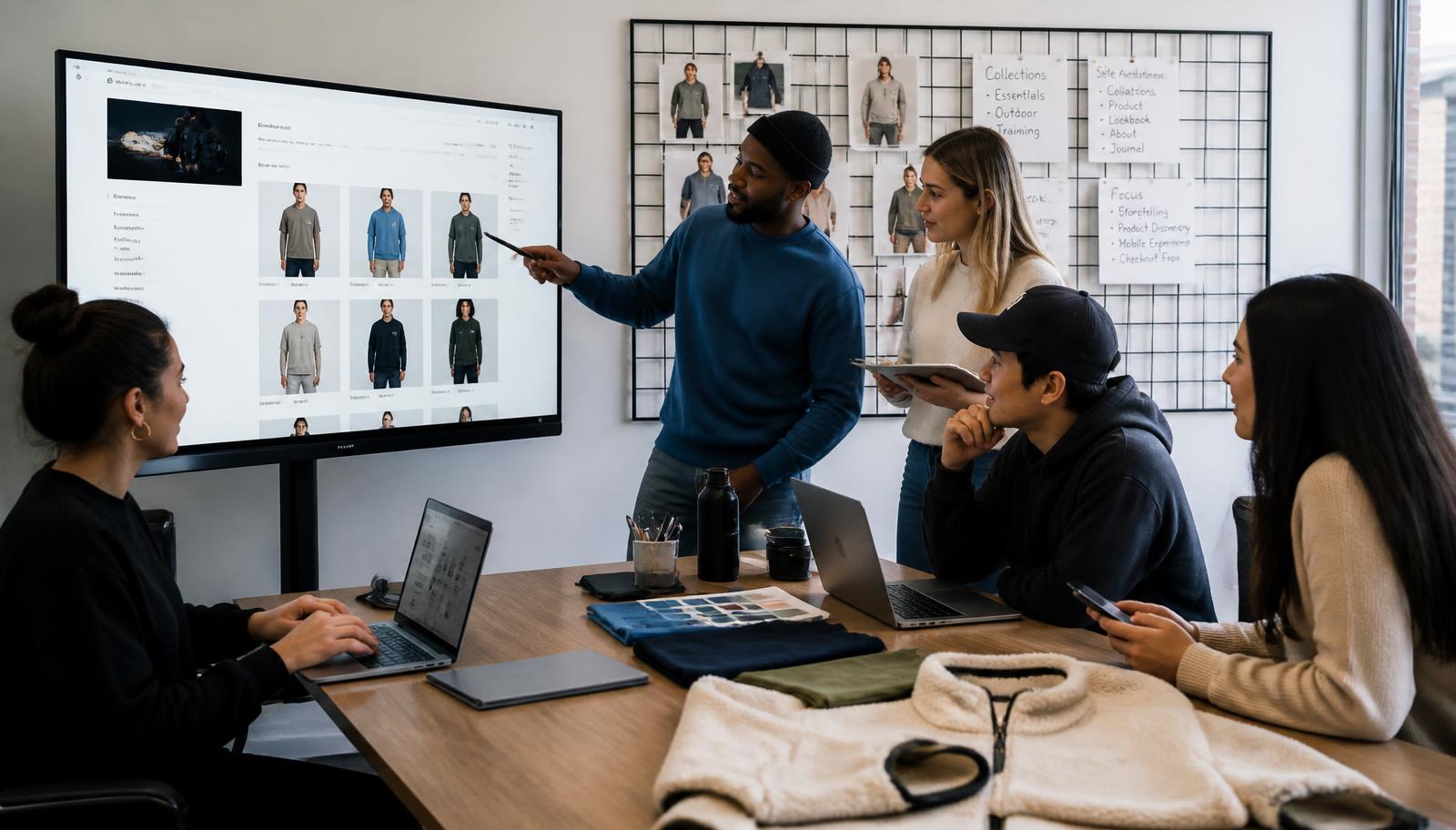 Apparel brand team and ecommerce agency specialists reviewing a product catalog together