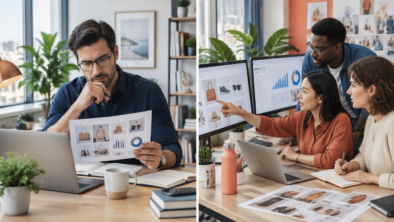 Split image contrasting a single ecommerce consultant reviewing strategy with a small coordinated agency team running execution