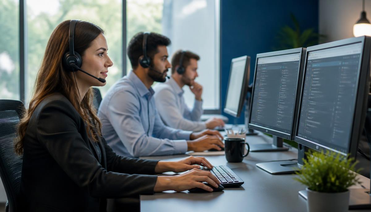 Customer support agents working a ticket queue on dual monitors in a modern office