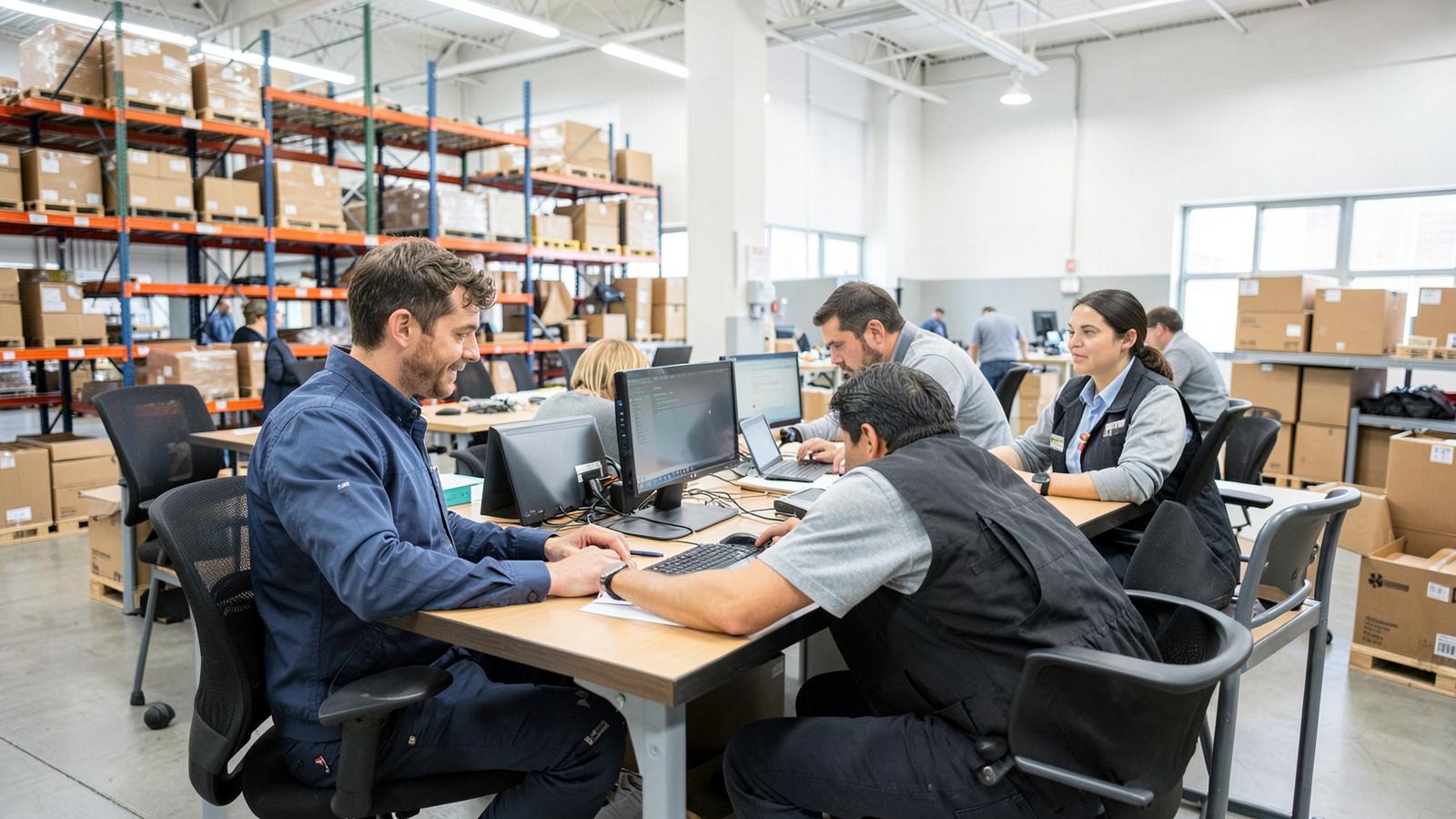 Ecommerce operations team working at desks in front of warehouse shelving