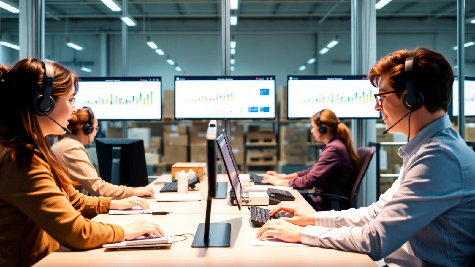 Ecommerce operations team reviewing order and support dashboards in a bright office