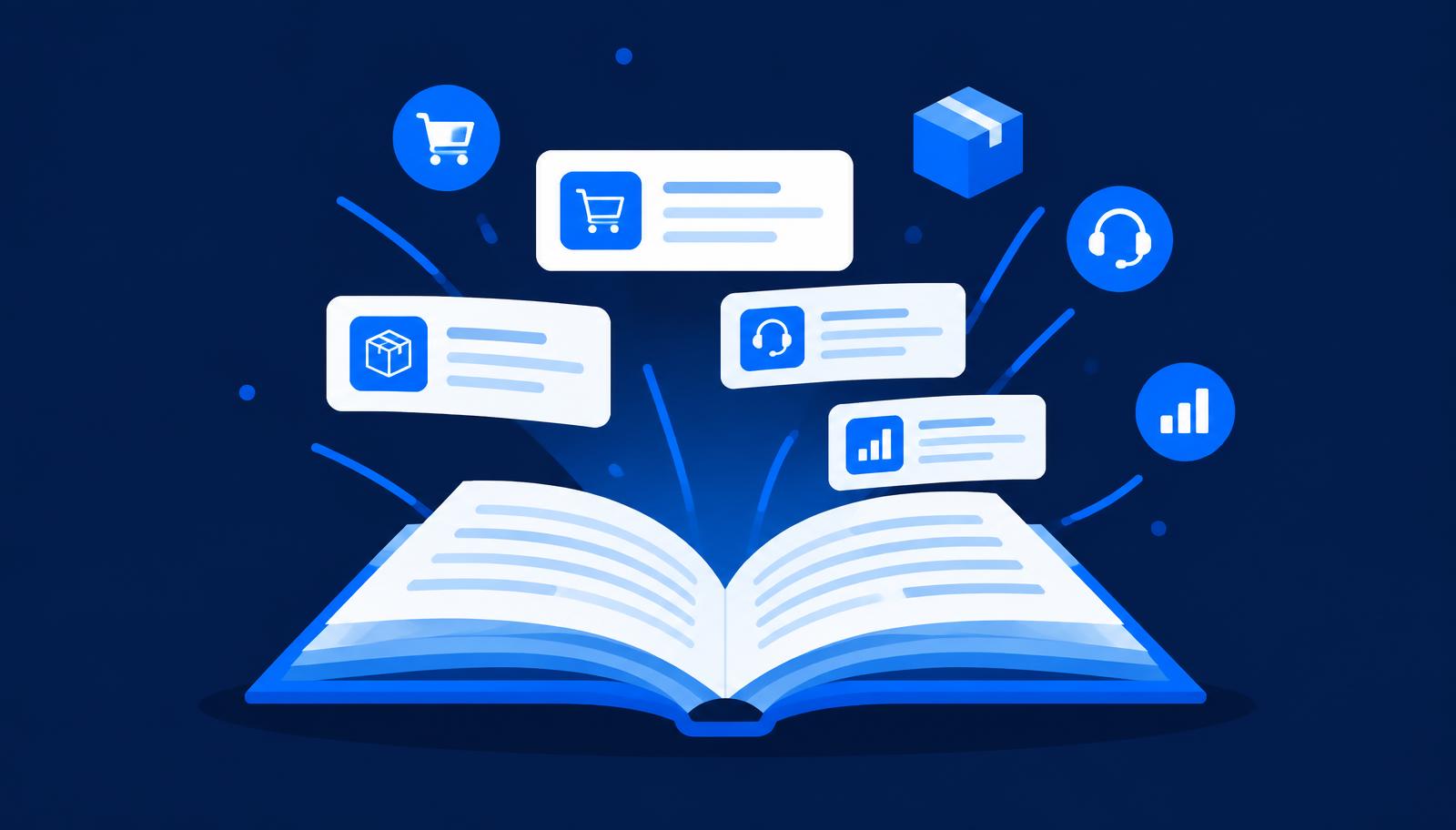 An open reference book with floating definition cards and ecommerce icons including a shopping cart, parcel, headset, and bar chart