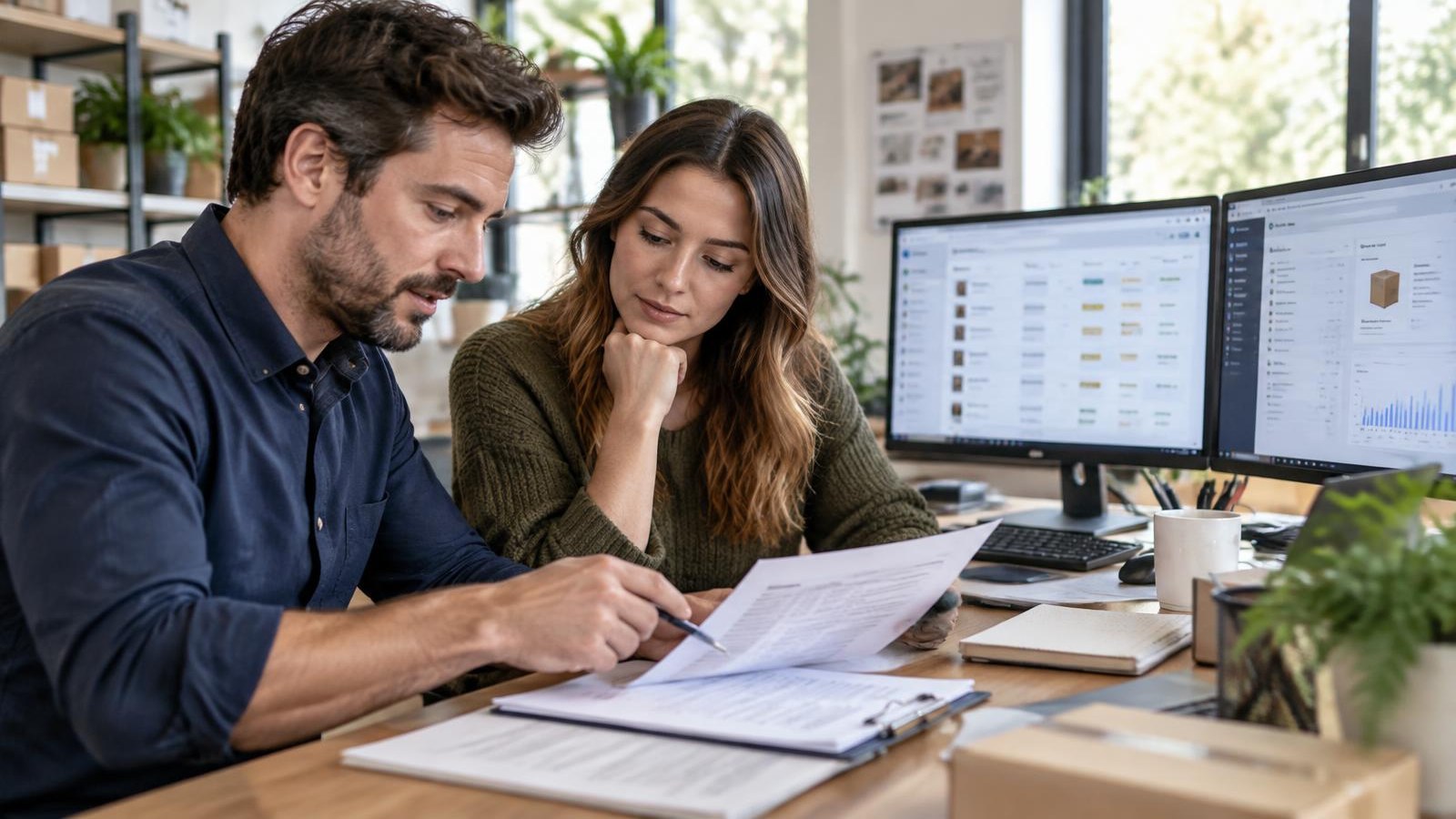 Two people reviewing a documented outsourcing scope-of-work checklist at a desk with ecommerce order screens in the background