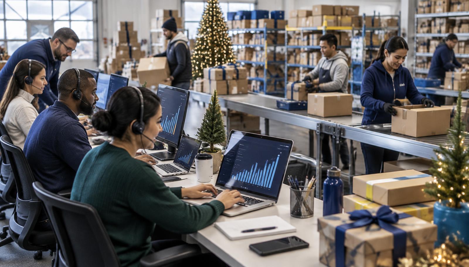 A warehouse and customer support team working side by side at a control desk surrounded by holiday shipping boxes and an order-volume graph trending upward