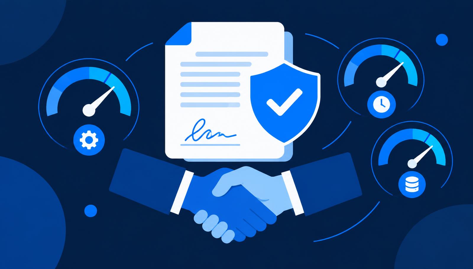 A signed contract document with a shield checkmark, performance gauge dials, and a handshake motif