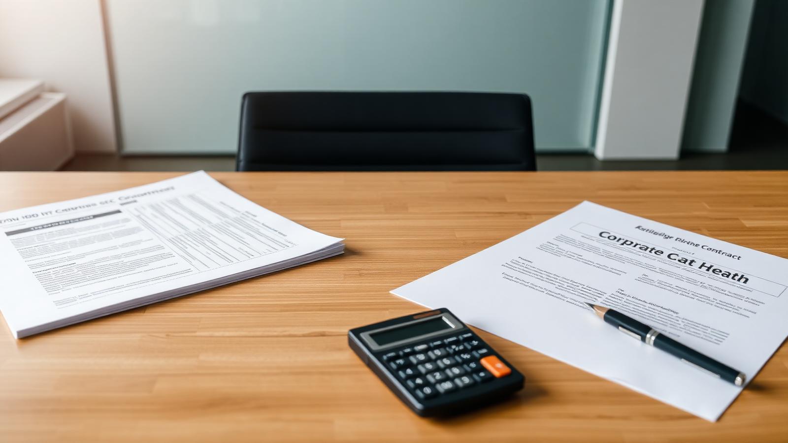 Employment contract and corporate formation documents side by side on a boardroom table with a calculator
