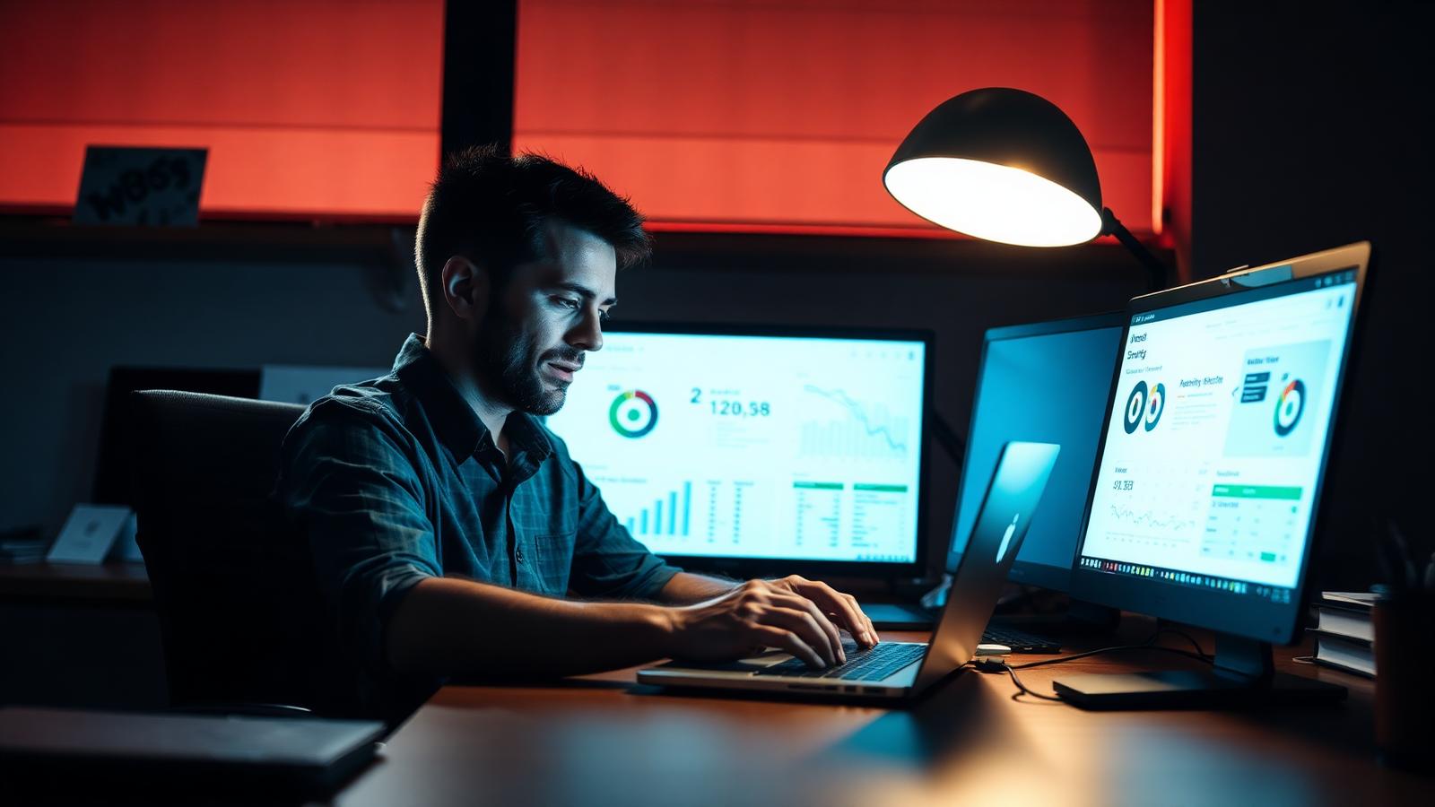 Founder working late reviewing US bank rejection letters alongside marketing dashboards