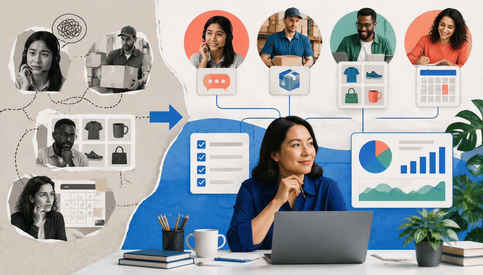 Ecommerce operations lead coordinating support, fulfillment, catalog, and marketing teams during a first outsourcing transition
