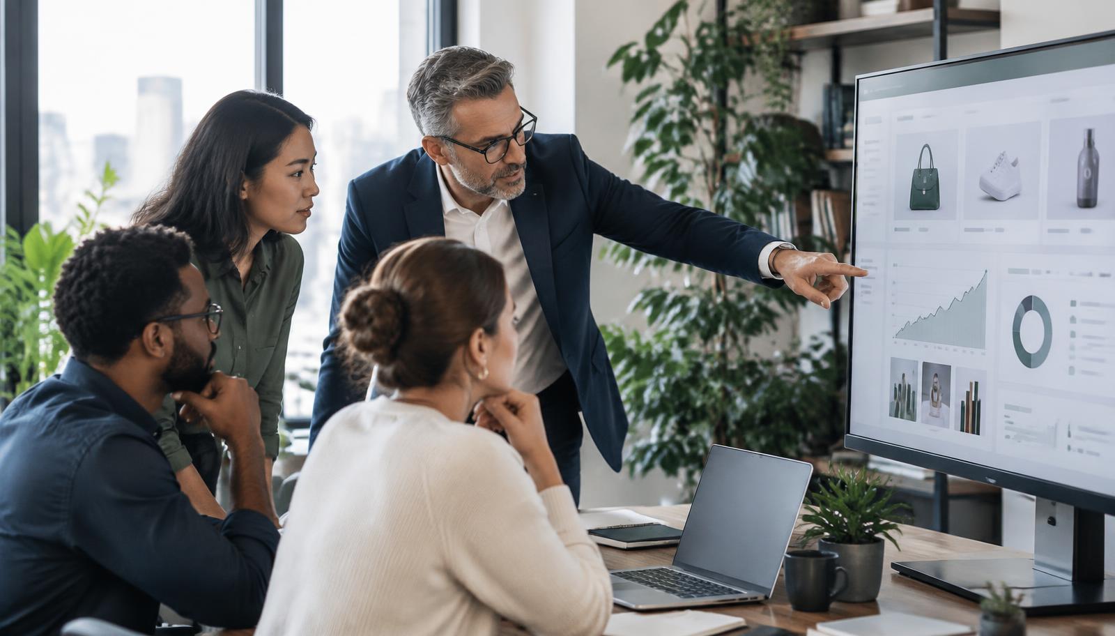 Small cross-functional ecommerce team reviewing strategy alongside a part-time executive lead