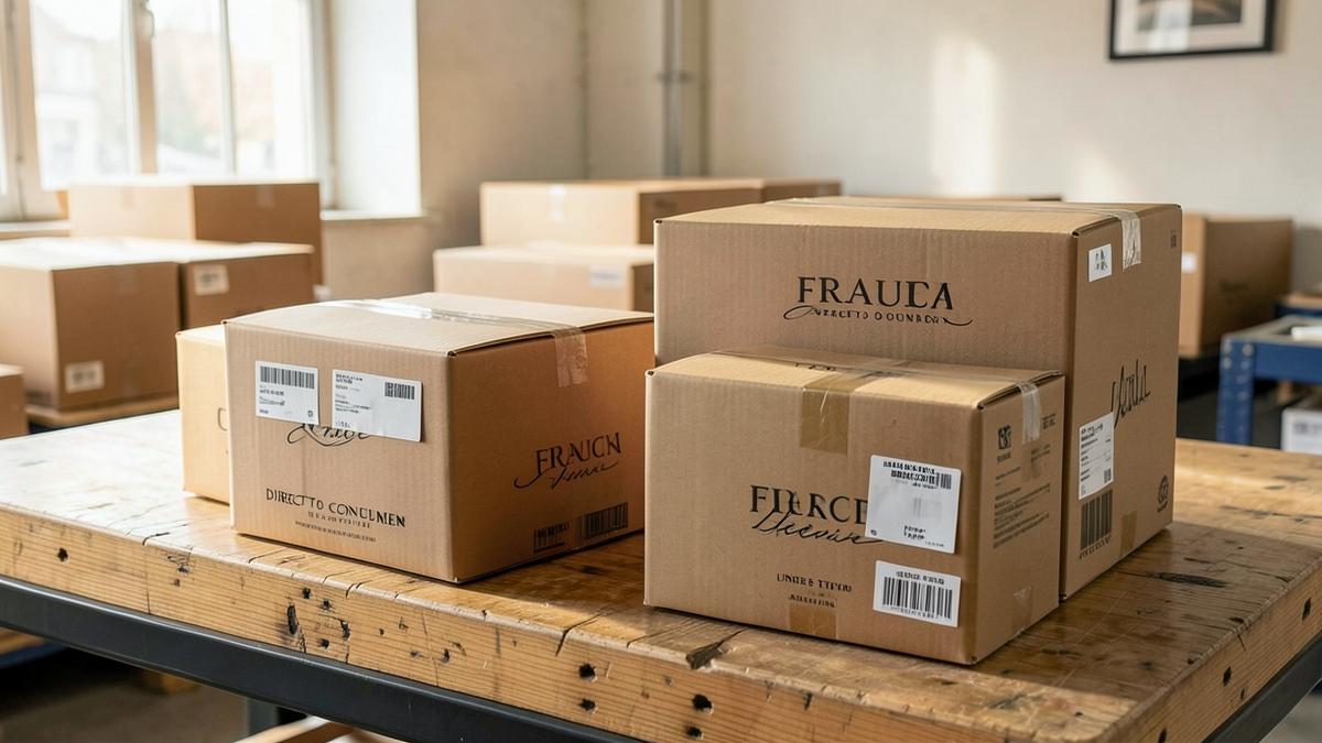 French direct-to-consumer brand packaging prepared for shipment to the United States