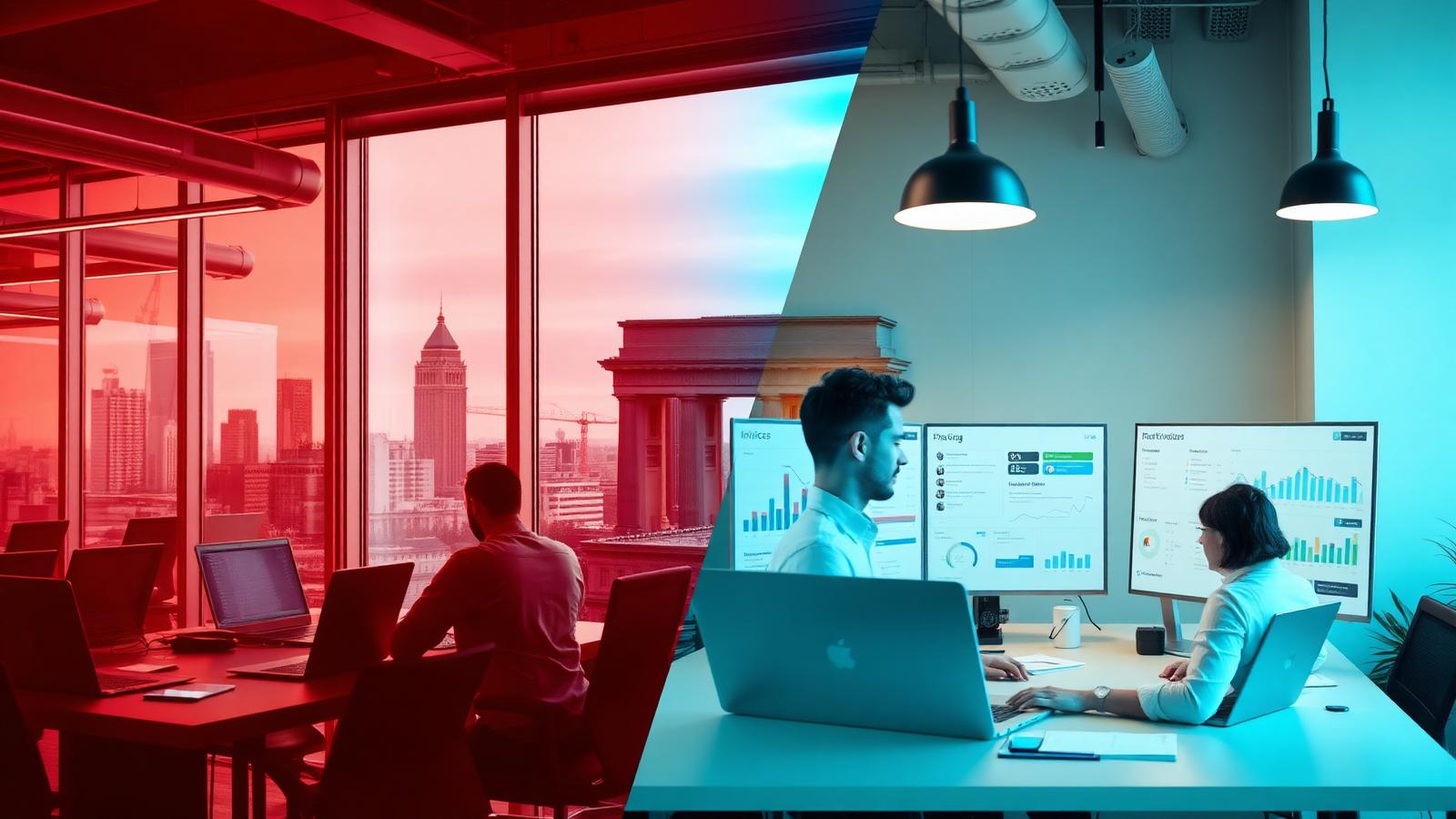 German SaaS office merging into a US back-office operations team reviewing invoices and payroll dashboards