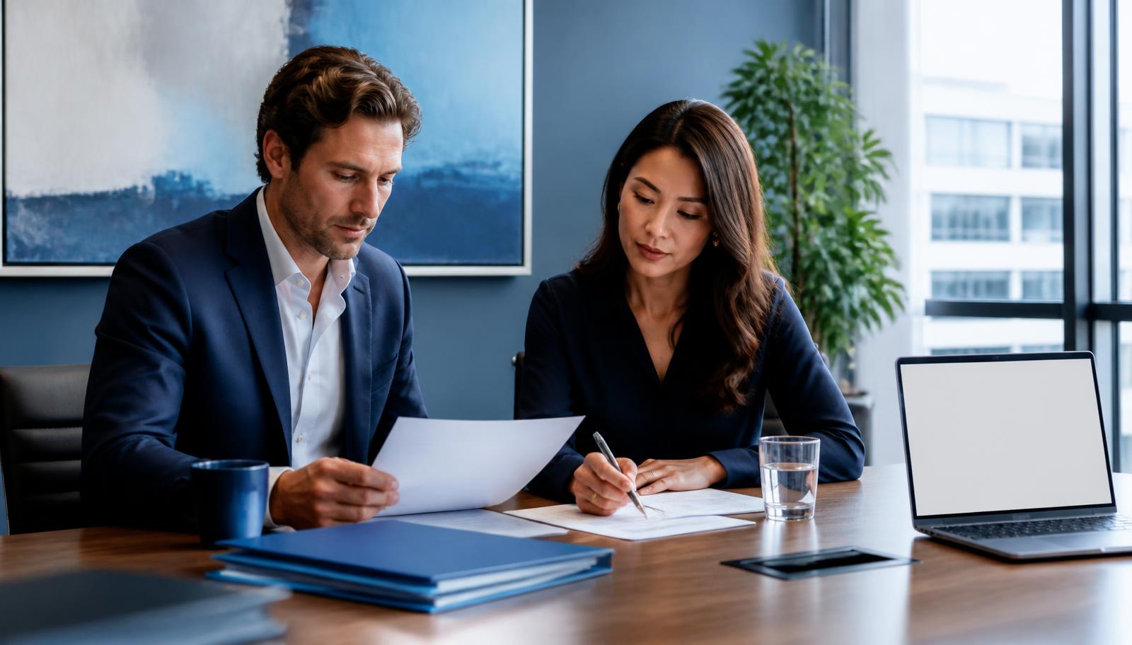 Founder and finance lead reviewing US incorporation and banking paperwork at a conference table