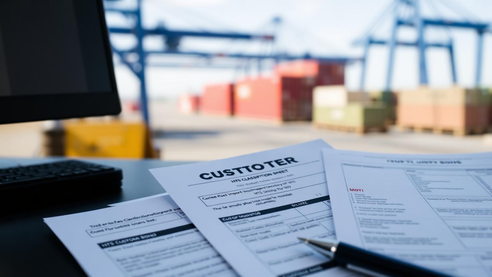 US customs entry paperwork, HTS classification sheets and a customs bond certificate on a desk with a container port in the background