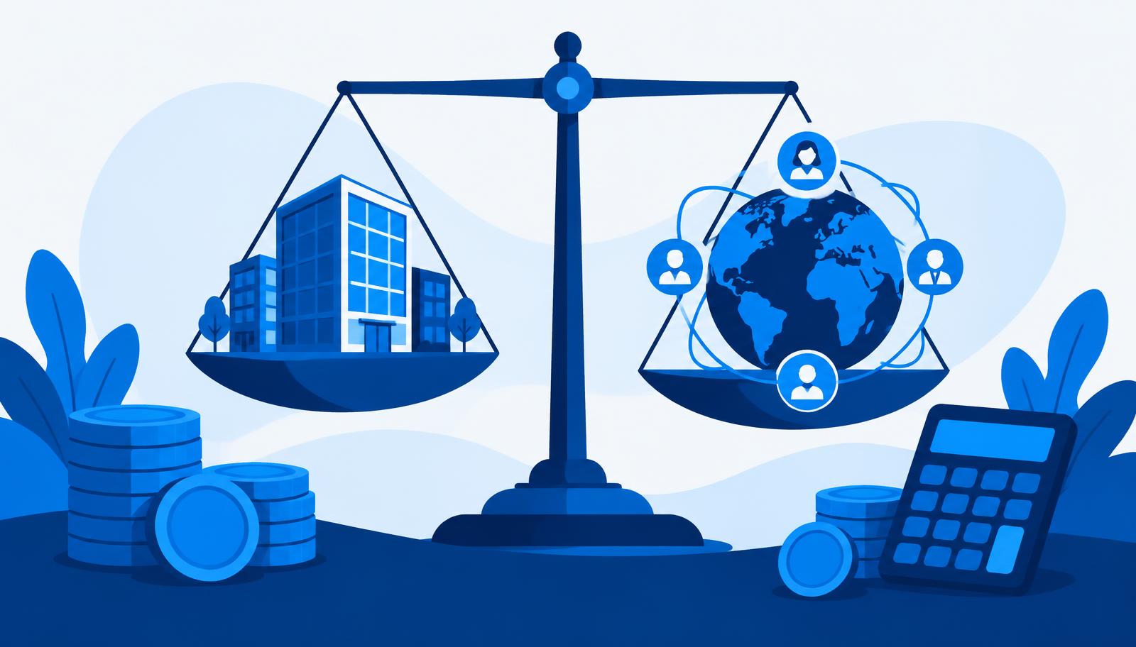 A balance scale weighing an office building against a globe surrounded by team member icons, with coins and a calculator alongside
