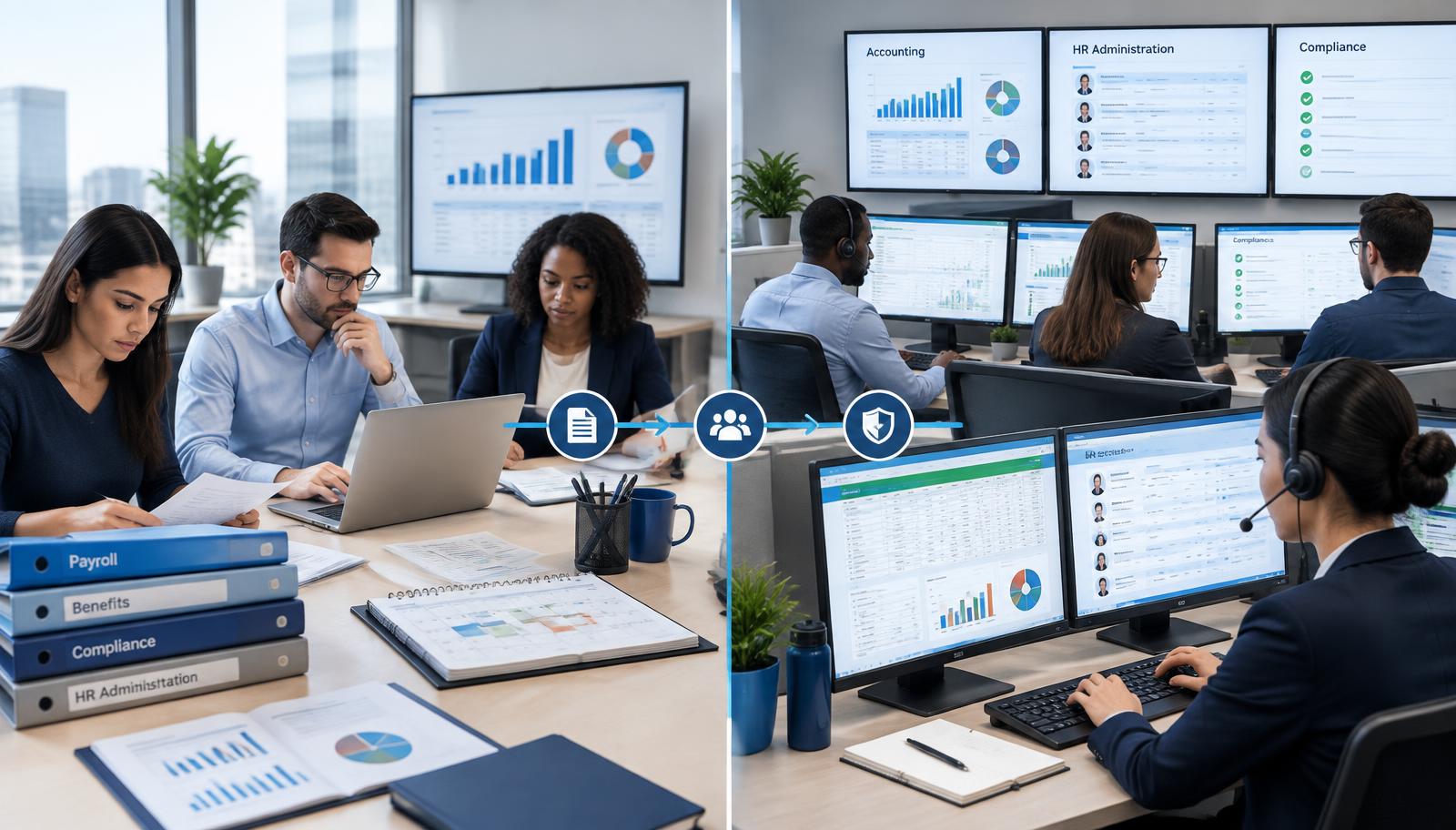 An in-house US administrative team compared with an outsourced back-office operations partner