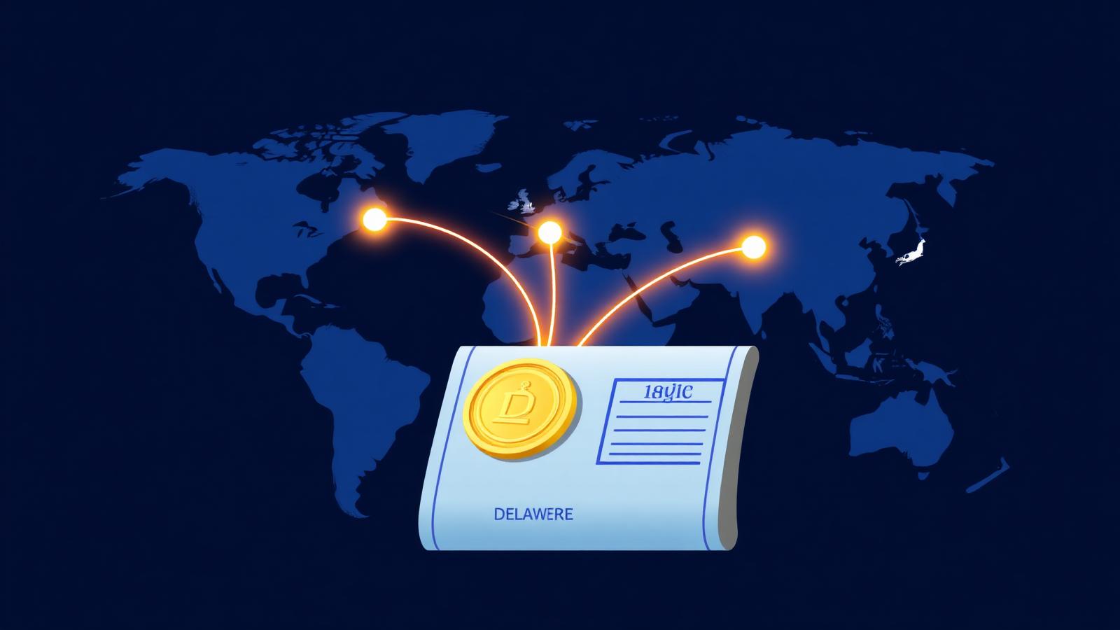 World map with glowing routes from the UK, Europe and India converging on the United States above a sealed Delaware formation document
