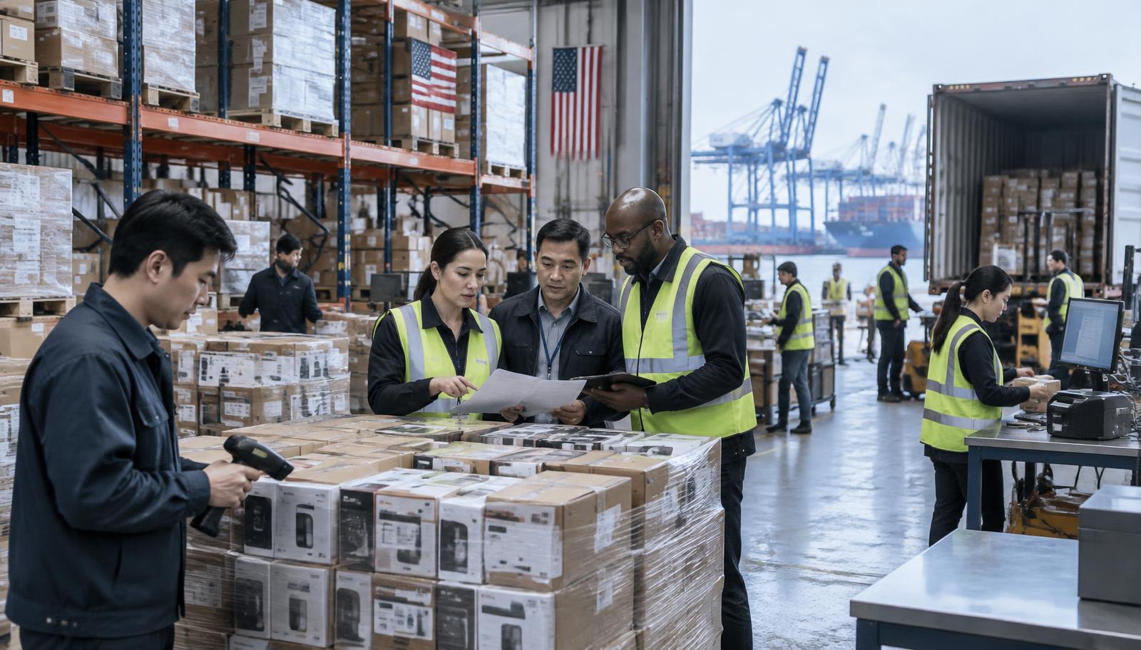 A logistics team reviewing customs documents beside consumer electronics inventory in a US bonded warehouse